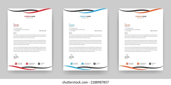Modern business letterhead template, A4 size fully editable print ready design with three color varitions 