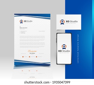 Modern Business Letterhead Template Design in Blue Gradient with Logo, Business Card and Smartphone