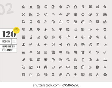 Modern business line icons set. Vector illustrations for business, finance, banking, e-banking, online communication, social media, business streaming, marketing and strategy, internet security.