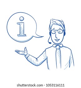 Modern business man with a headset looking happy offering information, help or telephone support. Hand drawn line art cartoon vector illustration.