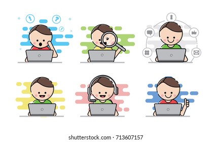 Modern business man looking happy, working on his laptop, verifying, checking and talking on the phone. Linear flat line cartoon art style. MBE Style Illustration.