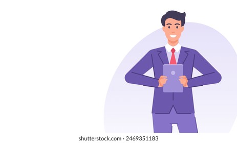 Hombre de negocios moderno con la tecnología digital de la tableta pc Anuncio diseño Plantilla Vector ilustración plana. Sonriente hombre de negocios de dibujos animados utiliza Internet en línea red social aplicación electrónica inalámbrica