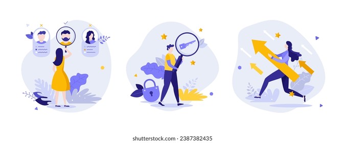 Modern business metaphors flat concept vector illustrations set. HR, key person and motivation cartoon compositions. Success reaching motivation creative idea for website, presentation