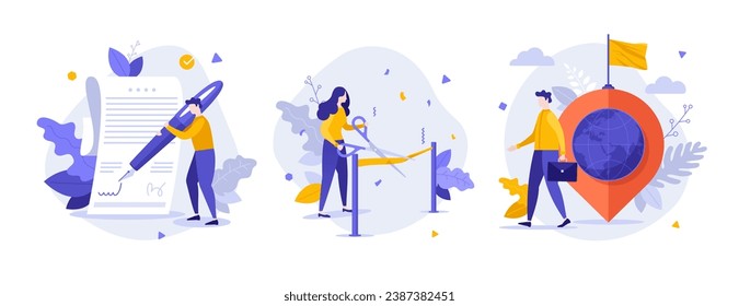 Modern business metaphors flat concept vector illustrations set. Signing contract with foreign partners cartoon composition. Opening new company creative idea for website, presentation