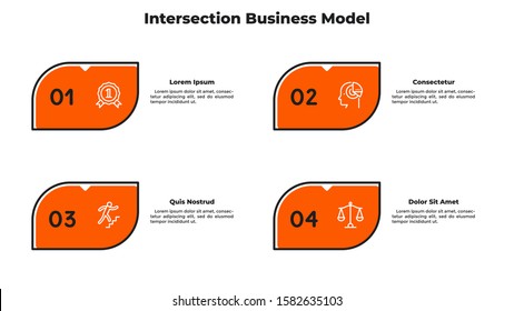 Modern business model with 4 rectangular elements. Concept of four stages of startup management strategy. Minimal infographic design template. Flat vector illustration for presentation, banner.