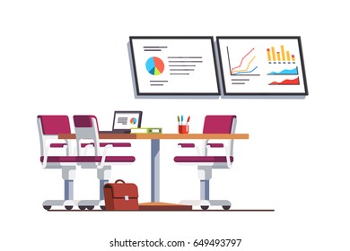 Modern business office boardroom interior design with table, chairs and presentation tv displays with graphs and charts. Conference hall or meeting room. Flat style vector isolated illustration.