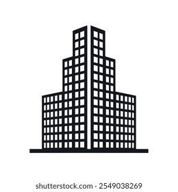 Modern business office commercial building black silhouette icon isometric vector illustration. Downtown metropolis skyscraper hotel government real estate city house facade perspective