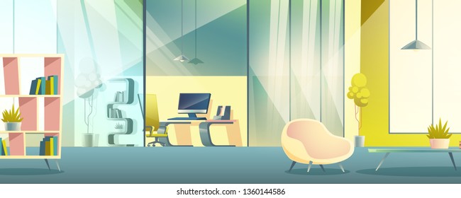 Modern business office, home work cabinet interior cartoon vector with comfortable armchair, book shelves in lounge area or living room, glass partition, work desk with personal computer illustration