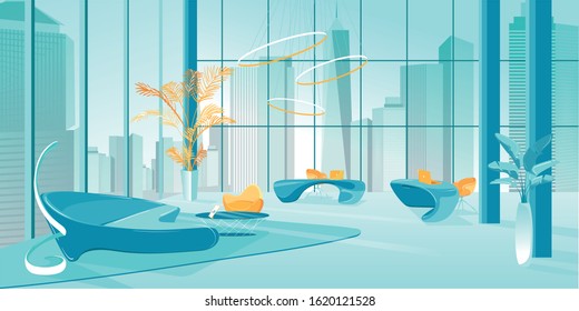 Modern Business Office Room. Futuristic Design Interior. Furniture and Panoramic Windows with City Metropolis View. Eco-Friendly Open Space. Shared Workspace. Vector Flat Cartoon Illustration