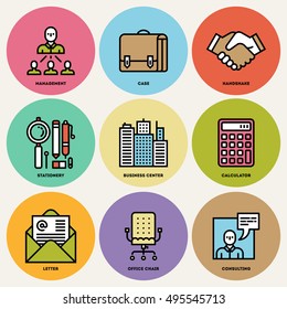 Modern Business and Office Round Icon Set. Trendy Simple Line Design Art Vector Illustrations.