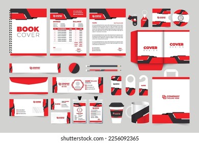 Modern business office stationery set design with creative shapes. Brand identity promotional letterhead, invoice, and book cover vector. Corporate business advertisement template collection.
