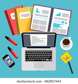 Modern business office and workspace background, vector illustration. Top view of office desk with laptop, smartphone, coffee cup, paperwork and other objects on table. Workplace background