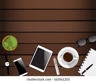 Modern business office and workspace. Top view with textured table, smartphone, tablet, notepad, e-cigarette, glasses and coffee mug. Flat design. Vector illustration with clipping mask.