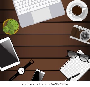 Modern business office and workspace. Top view with textured table, laptop, smartphone, tablet, vintage camera, notepad, glasses and coffee mug. Flat design. Vector illustration with clipping mask.