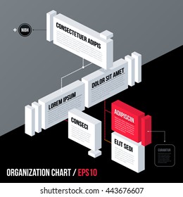 Modern business organization chart template with 3d isometric elements on gray background. Neutral corporate style.