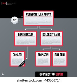 Modern business organization chart template, white rectangles with red borders on gray background. Neutral corporate style.