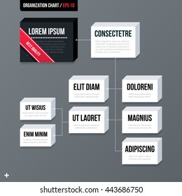 Modern business organization chart template with white 3d rectangles on gray background. Neutral corporate style.