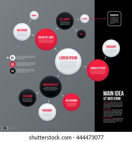 Modern business organization chart template with red, white and black circles on gray background. Neutral corporate style.