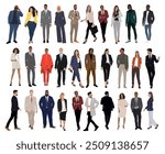 Modern business people bundle. Vector realistic illustrations of diverse multinational standing cartoon men and women in smart casual, formal outfits. Isolated on white background. 