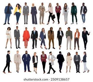 Moderne Geschäftsleute bündeln. Vektorrealistische Illustrationen verschiedener multinationaler, stehender Cartoons für Männer und Frauen in schlauen, lockeren, formellen Outfits. Einzeln auf weißem Hintergrund. 