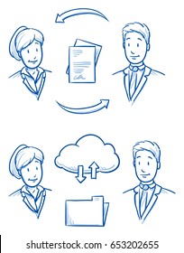 Modern business people looking happy, sharing their files and documents via cloud and hard-copy. Hand drawn line art cartoon vector illustration.