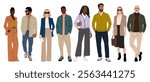 Modern business people set. Vector realistic illustrations of diverse multinational standing cartoon men and women in smart casual, formal outfits. Isolated on white background.