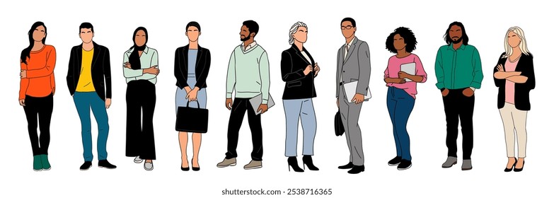 Modern business people set. Vector colored outline illustrations of diverse multinational standing cartoon men and women in smart casual, formal outfits. Isolated on white background