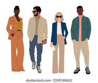 Modern business people set. Vector flat illustrations of diverse multinational standing men and women in smart casual, formal outfits. Isolated on transparent background. 