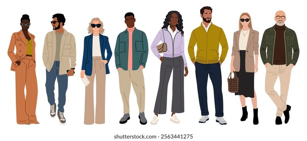 Modern business people set. Vector realistic illustrations of diverse multinational standing cartoon men and women in smart casual, formal outfits. Isolated on white background.