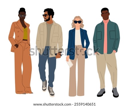 Modern business people set. Vector flat illustrations of diverse multinational standing men and women in smart casual, formal outfits. Isolated on transparent background. 