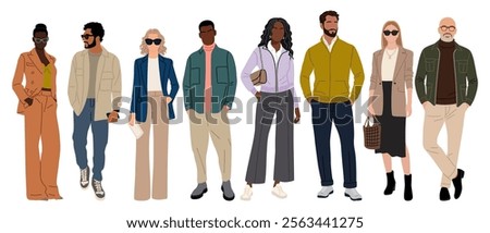 Modern business people set. Vector realistic illustrations of diverse multinational standing cartoon men and women in smart casual, formal outfits. Isolated on white background.