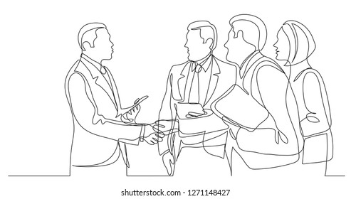 modern business people shaking hands after succesful conversation - one line drawing