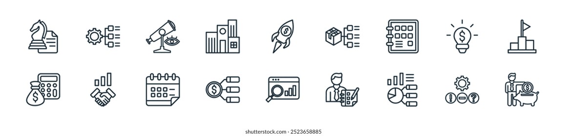 Ikonenpaket für moderne Geschäftsplanung. perfekt für lineare ui Designs mit Vektorinvestor, Contingency, Statistik, Planer, Analyse, Planung, Kalender und mehr Symbolen für mobile und Web-Apps.