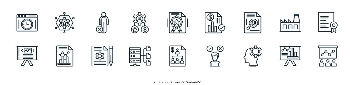 modern business planning and icon pack. perfect for linear ui designs featuring vector seminar, presentation, head, choice, organization, database file, sheet and more icons for mobile and web apps.