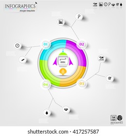 Modern, business poster with colorful circle, infograph with simple icons, rocket, isolated on bright background, for infographics, presentations, reports, documents