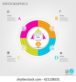 Modern, business poster with colorful circle, infograph with simple icons, rocket, isolated on bright background, for infographics, presentations, reports, documents