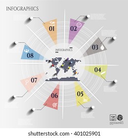 Modern, business poster with colorful, numbered circle with simple icons, long shadow, gray world map, isolated on bright background