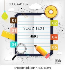 Modern, business poster with notepad, numbered labels, orange ruler, realistic pencil, donut, isolated on bright background