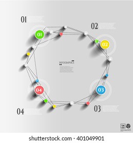 Modern, business poster with numbered circle, infograph, colorful dots with long shadow, isolated on bright background