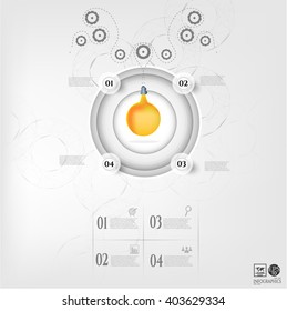 Modern, business poster with numbered circle, infograph with simple icons, yellow lightbulb, isolated on bright background