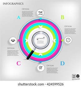 Modern, business poster with numbered circle, metallic magnifier, infograph with simple icons, isolated on bright background, for infographics, presentations, reports, documents
