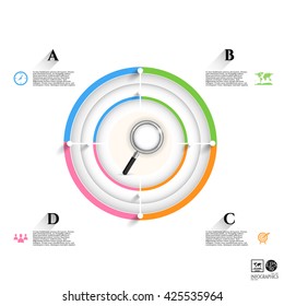 Modern, business poster with numbered circle, metallic magnifier, infograph with simple icons, isolated on bright background, for infographics, presentations, reports, documents