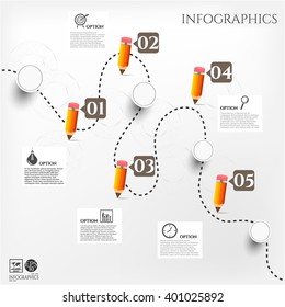 Modern, business poster with orange pencils, numbered labels, simple icons, isolated on bright background