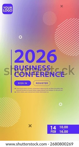 A modern business poster template featuring a clean layout with minimalist geometric shapes. The soft pastel gradient background provides a professional and approachable feel for any corporate event.