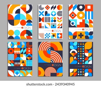 Modern business posters with abstract geometric patterns of color graphic shapes and forms. Vector minimalist art compositions with circles, squares, triangles and curved lines, geometric patterns set