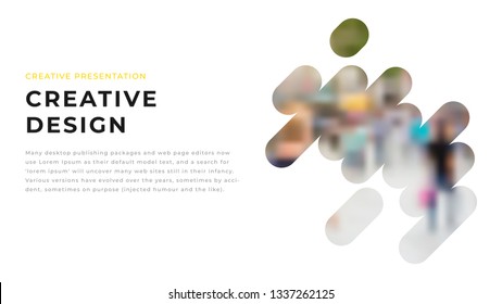 Modern business presentation design with yellow shapes & rounded photos on white background. Editable annual report flyer leaflet corporate presentation Power Point PPT template. Simple webpage design