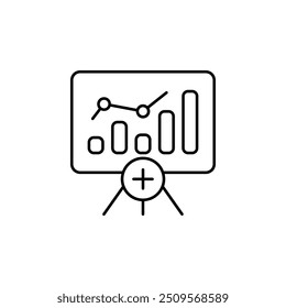 Ícone de apresentação comercial moderna com gráfico de análise de dados para relatórios corporativos, estatísticas de mercado e materiais educacionais - ideal para infográficos, planejamento de estratégia e reuniões profissionais