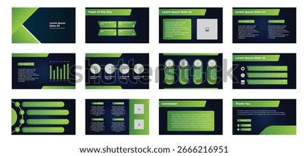 Modern Business Presentation Slide Templates with dark and green color. Editable Corporate Layout with Infographics, Charts, and Minimal Design for Professional Reports