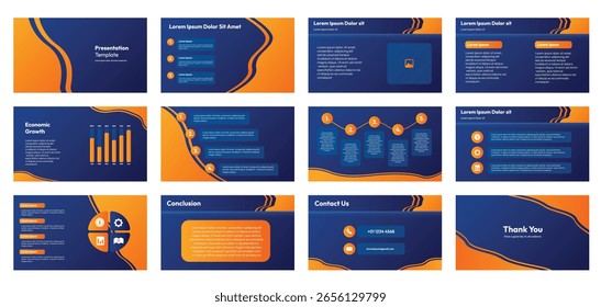 Diseño moderno de la Plantilla de la presentación del negocio con las ondas azules y anaranjadas Abstractas, diapositivas Corporativas para la comercialización, las finanzas, y los informes de crecimiento económico