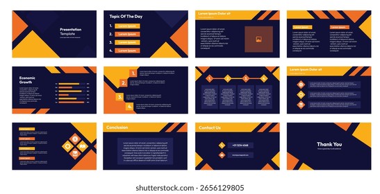 Modernes Design von Präsentationsvorlagen für Unternehmen mit abstrakten geometrischen Farben in Blau und Orange, Unternehmensfolien für Marketing, Finanzen und Wirtschaftswachstumsberichte